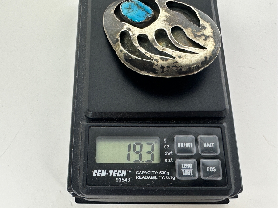Vintage Native American Turquoise and Sterling Silver Shadowbox Bear Claw Bolo Tie 19.3g [Photo 6]