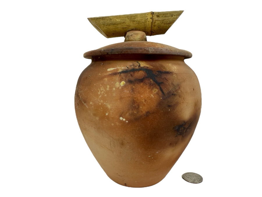 Just Added - Signed Pottery With Lid And Bamboo Finial 8H [Photo 1]