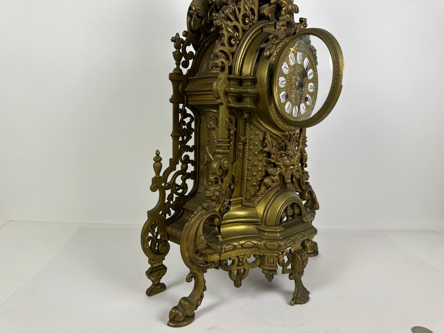 Vintage Ornate French Style Brass Mantle Clock - Needs Servicing 14'W x 7'D x 24'H [Photo 5]