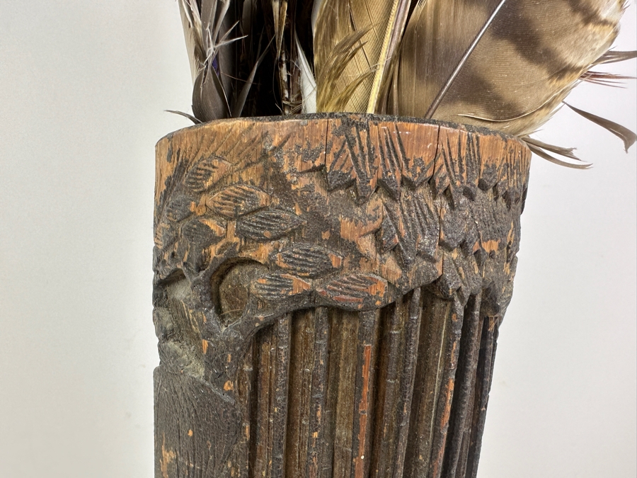 Chinese Wooden Relief Carved Vase with Feathers 12.5'H [Photo 6]
