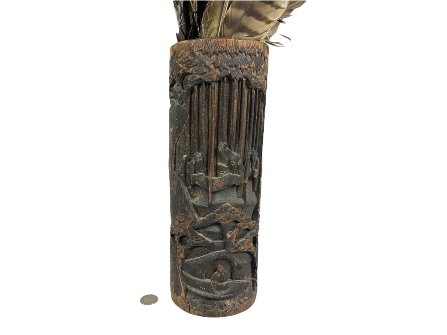 Chinese Wooden Relief Carved Vase with Feathers 12.5'H [Photo 1]