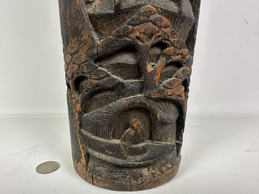 Chinese Wooden Relief Carved Vase with Feathers 12.5'H [Photo 5]