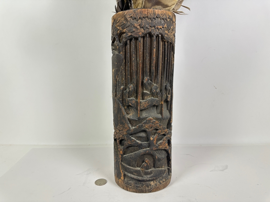 Chinese Wooden Relief Carved Vase with Feathers 12.5'H [Photo 3]