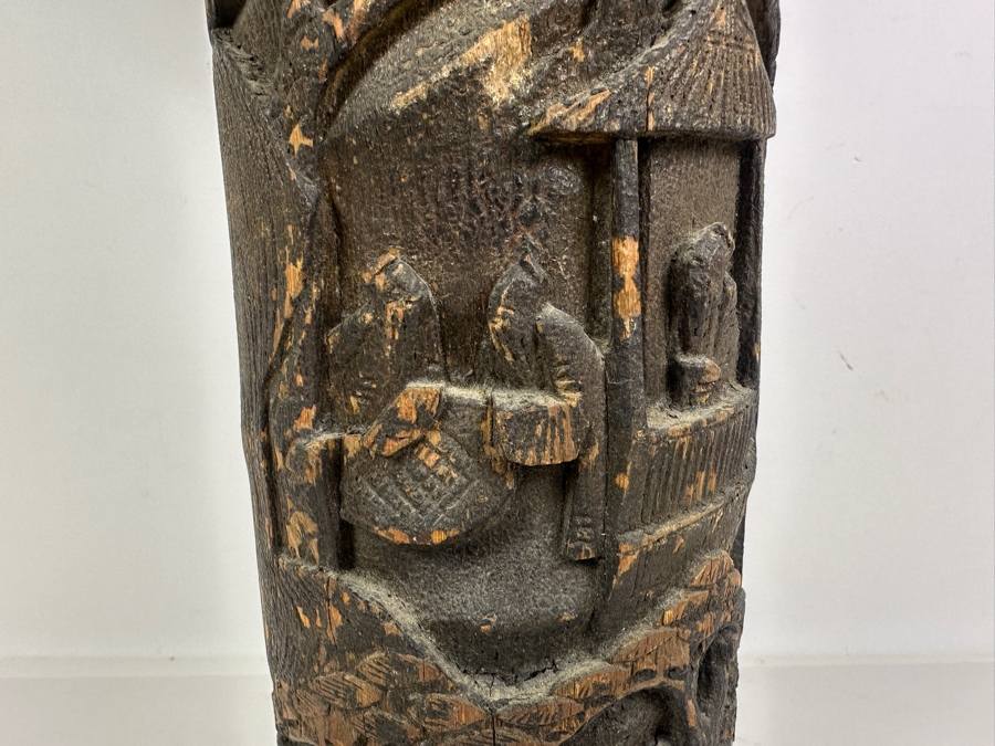 Chinese Wooden Relief Carved Vase with Feathers 12.5'H [Photo 9]