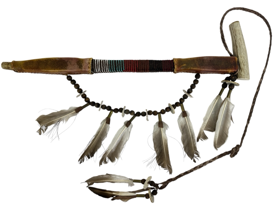 Native American Peace Pipe with Beadwork and Feathers 18' [Photo 1]