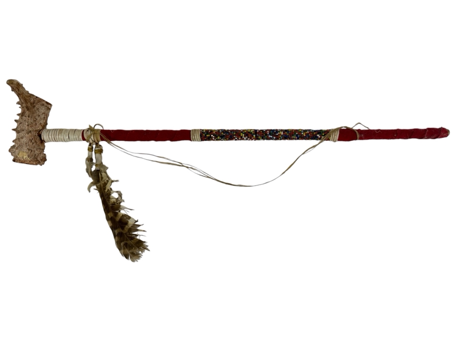 Native American Peace Pipe with Beadwork and Feathers 24' [Photo 1]