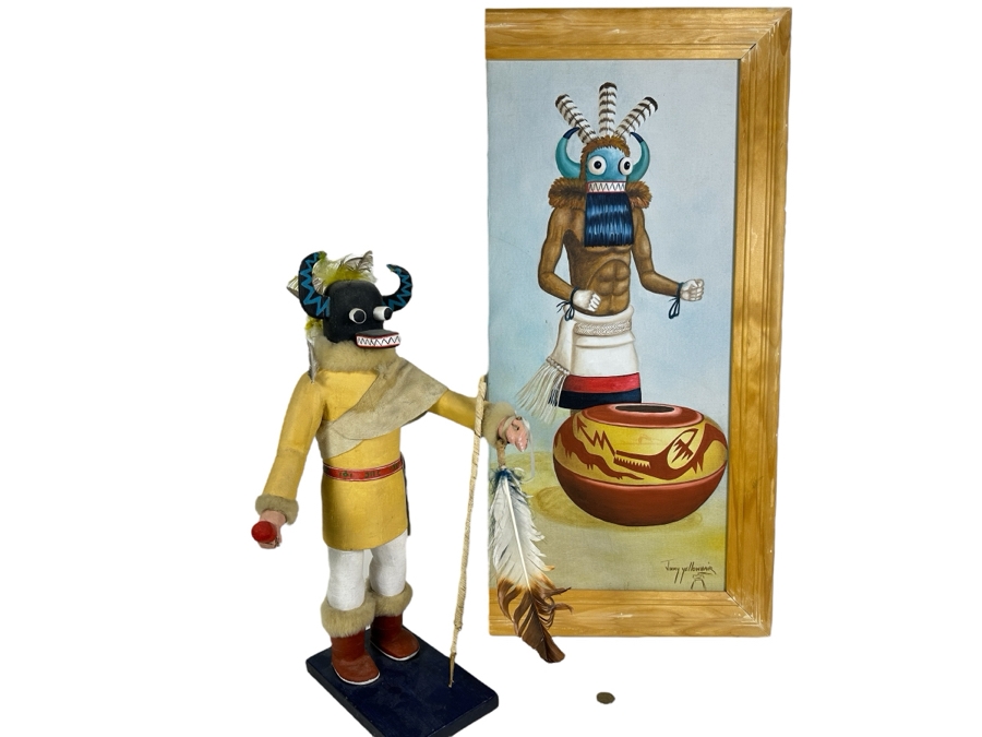 Just Added - Original Acrylic Painting On Canvas Of A Kachina And Pottery By Jimmy Yellowhair 15 X 30 Along With Matching Kachina Doll 21H [Photo 1]