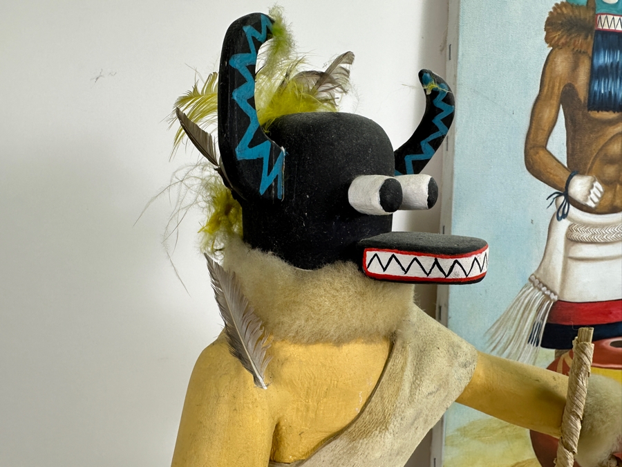 Just Added - Original Acrylic Painting On Canvas Of A Kachina And Pottery By Jimmy Yellowhair 15 X 30 Along With Matching Kachina Doll 21H [Photo 2]