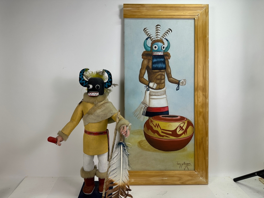 Just Added - Original Acrylic Painting On Canvas Of A Kachina And Pottery By Jimmy Yellowhair 15 X 30 Along With Matching Kachina Doll 21H [Photo 6]