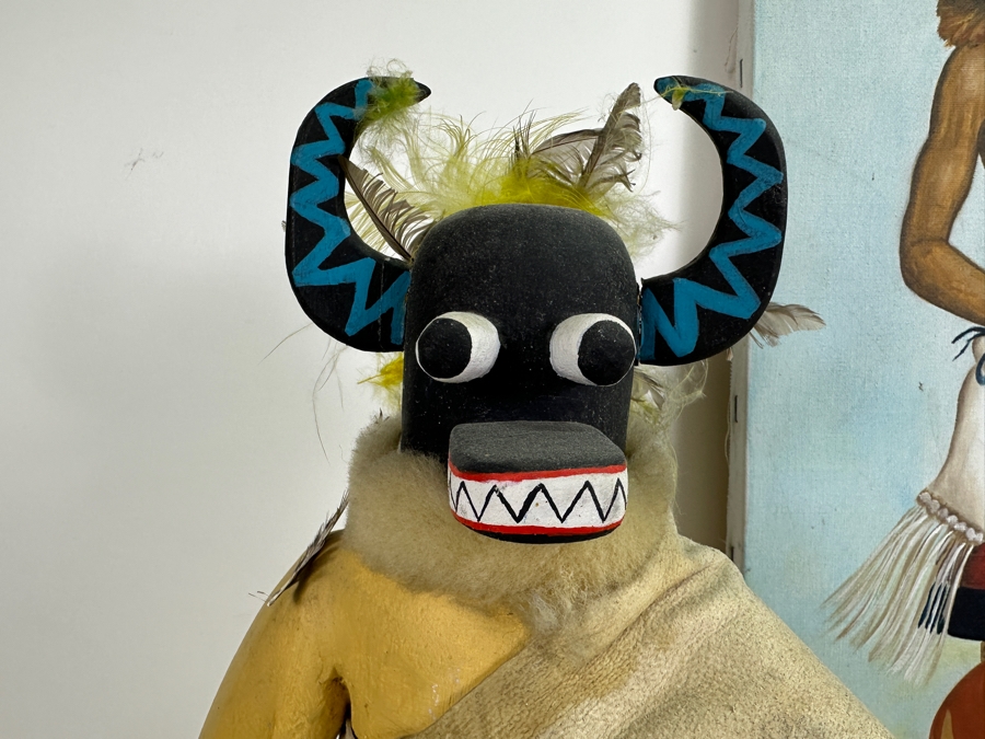 Just Added - Original Acrylic Painting On Canvas Of A Kachina And Pottery By Jimmy Yellowhair 15 X 30 Along With Matching Kachina Doll 21H [Photo 5]