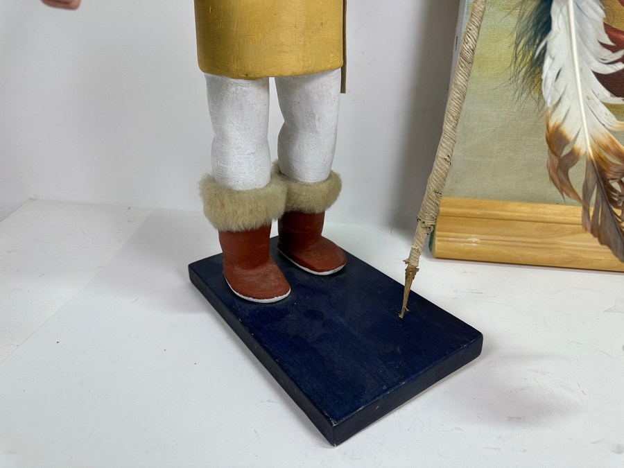Just Added - Original Acrylic Painting On Canvas Of A Kachina And Pottery By Jimmy Yellowhair 15 X 30 Along With Matching Kachina Doll 21H [Photo 4]