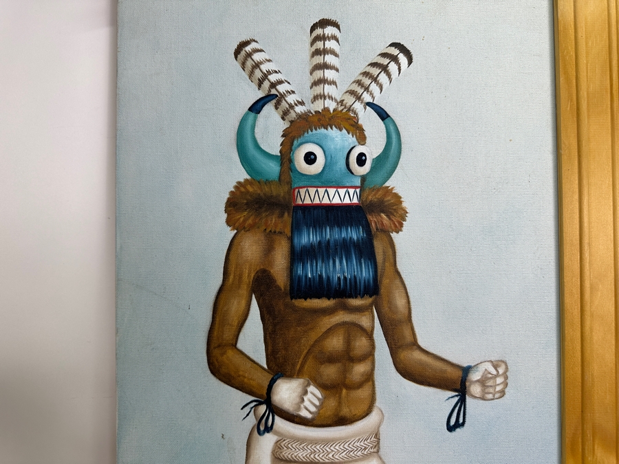 Just Added - Original Acrylic Painting On Canvas Of A Kachina And Pottery By Jimmy Yellowhair 15 X 30 Along With Matching Kachina Doll 21H [Photo 8]
