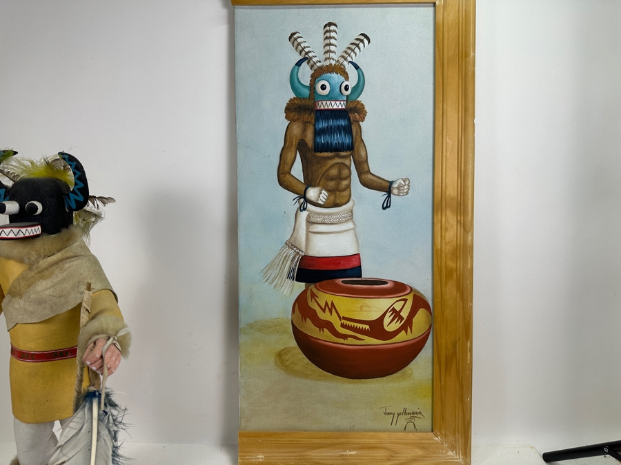 Just Added - Original Acrylic Painting On Canvas Of A Kachina And Pottery By Jimmy Yellowhair 15 X 30 Along With Matching Kachina Doll 21H [Photo 7]