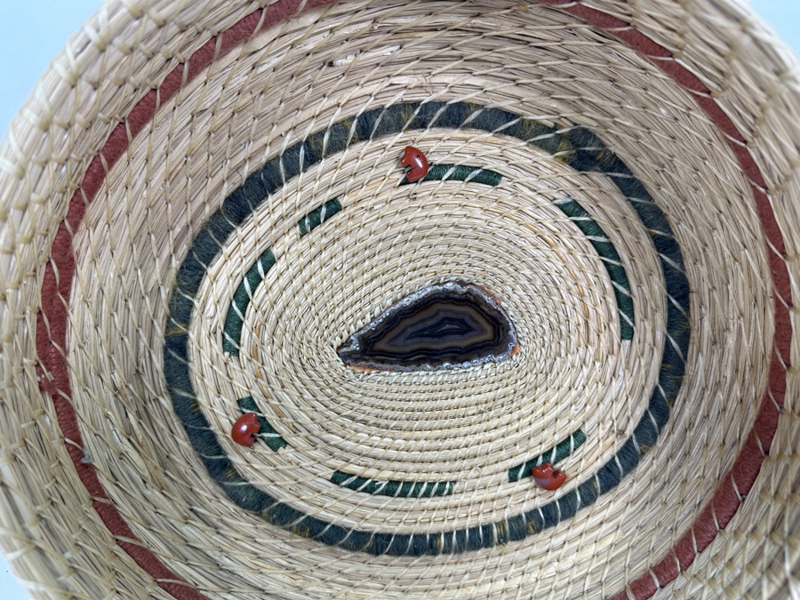 Just Added - Vintage Handmade Basket With Agate Center And Three Carved Stone Bears 11W X 3.5H [Photo 3]