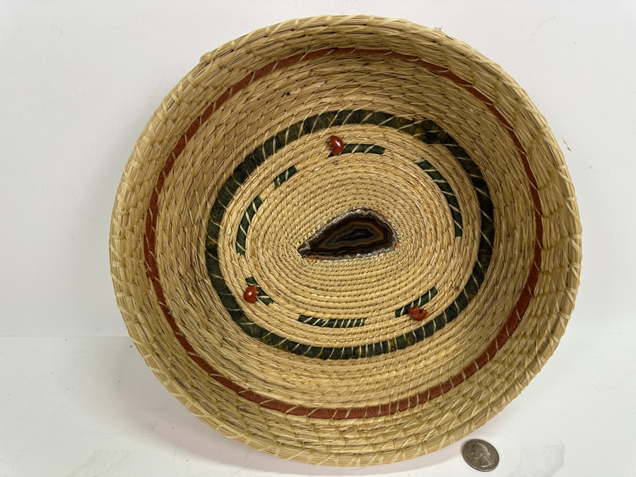 Just Added - Vintage Handmade Basket With Agate Center And Three Carved Stone Bears 11W X 3.5H [Photo 2]