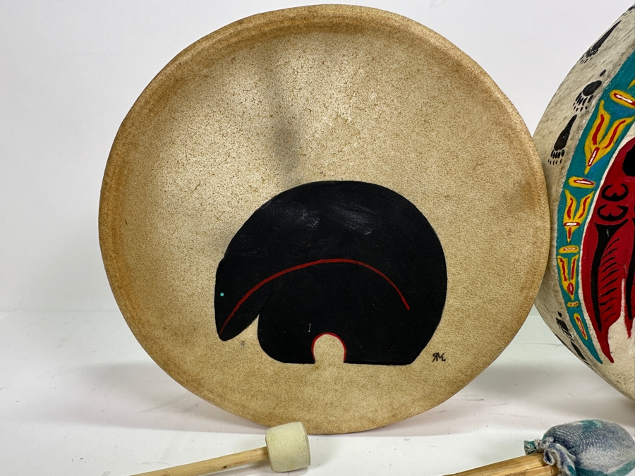 Set of Native American Drums and Collection of (5) Drum Beaters 9'W and 8'W [Photo 4]