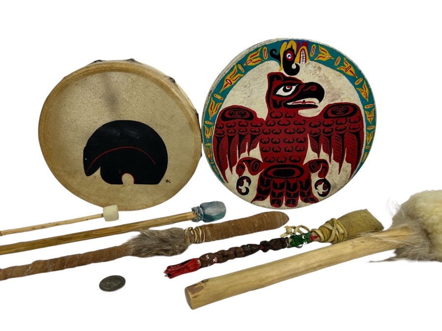 Set of Native American Drums and Collection of (5) Drum Beaters 9'W and 8'W [Photo 1]