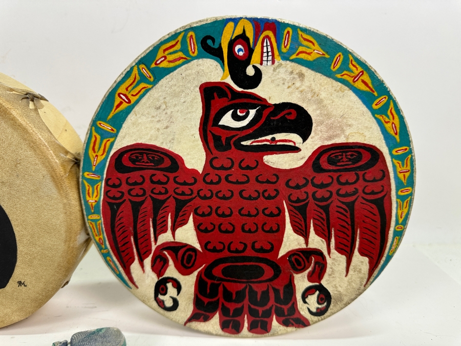 Set of Native American Drums and Collection of (5) Drum Beaters 9'W and 8'W [Photo 2]