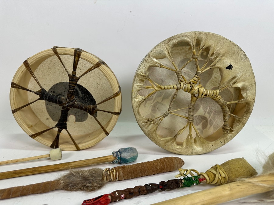 Set of Native American Drums and Collection of (5) Drum Beaters 9'W and 8'W [Photo 8]