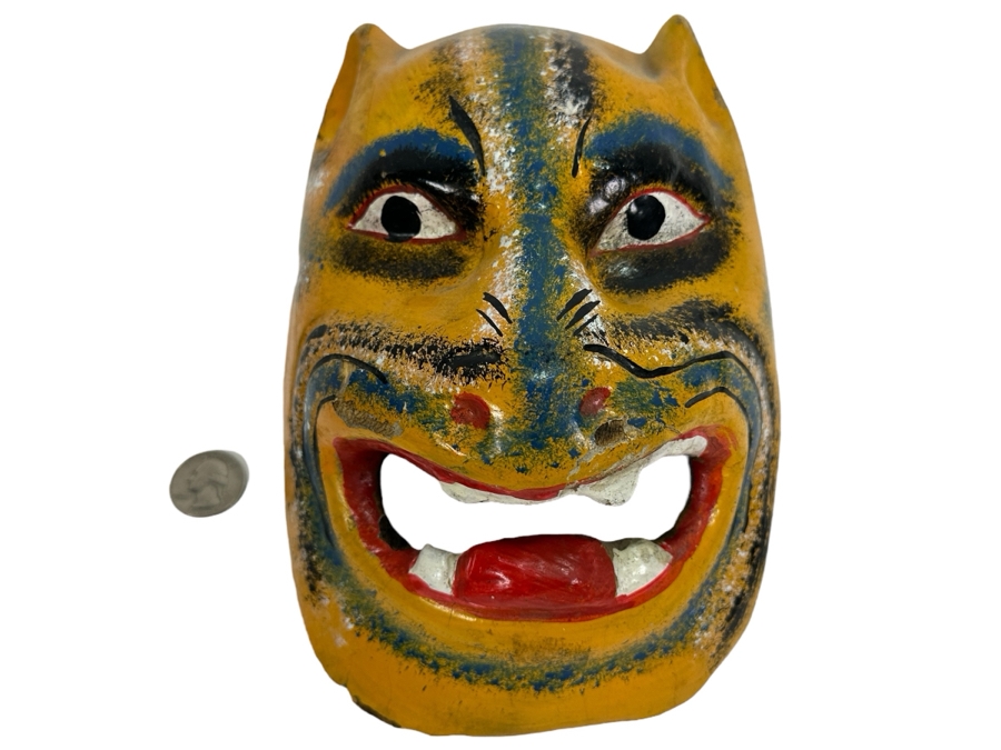 Just Added - Old Hand Carved Wooden Polychrome Mexican Folk Art Mask 6W X 9H X 5D [Photo 1]