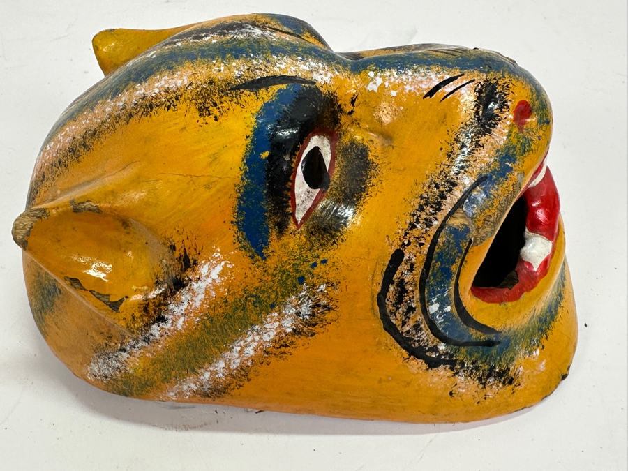 Just Added - Old Hand Carved Wooden Polychrome Mexican Folk Art Mask 6W X 9H X 5D [Photo 3]