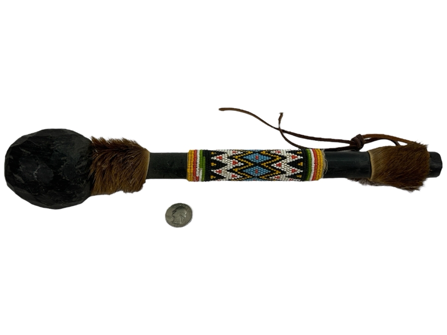 Native American Drum Beater with Beadwork and Fur 14'L [Photo 1]