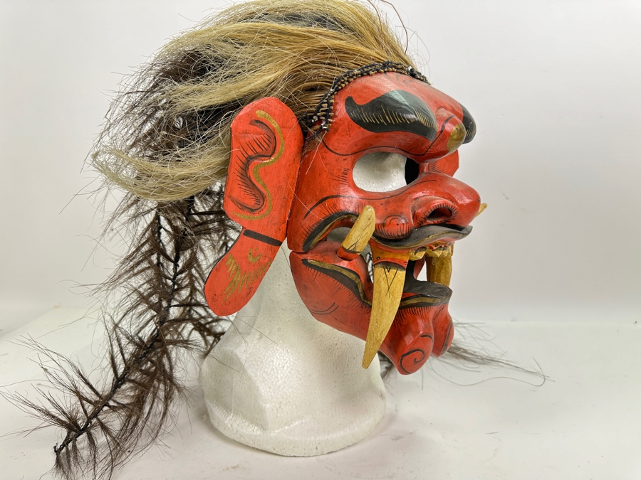 Just Added - Vintage Indonesian Balinese Rangda Red Wooden Mask Wig With Real Hair [Photo 4]