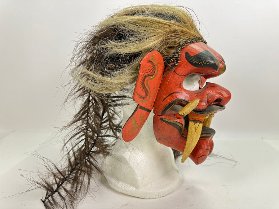 Just Added - Vintage Indonesian Balinese Rangda Red Wooden Mask Wig With Real Hair [Photo 3]