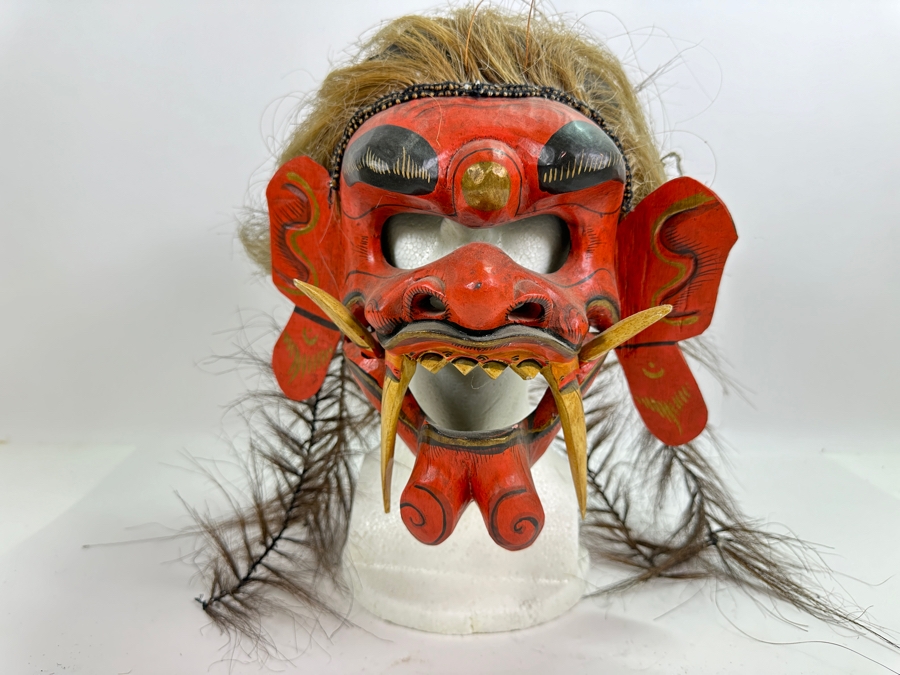 Just Added - Vintage Indonesian Balinese Rangda Red Wooden Mask Wig With Real Hair [Photo 2]