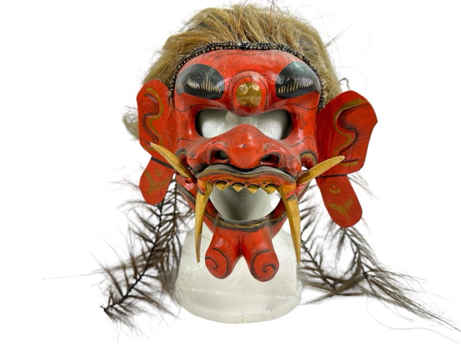 Just Added - Vintage Indonesian Balinese Rangda Red Wooden Mask Wig With Real Hair [Photo 1]