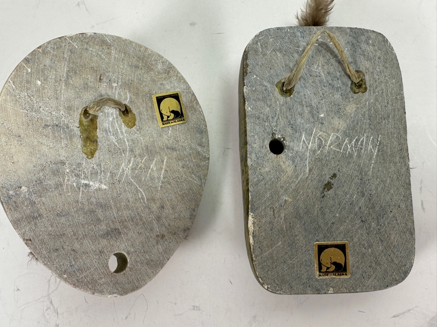 Just Added - Pair Of Inuit Eskimo Carved Soapstone Sculptures Signed Norman 3.5L [Photo 6]