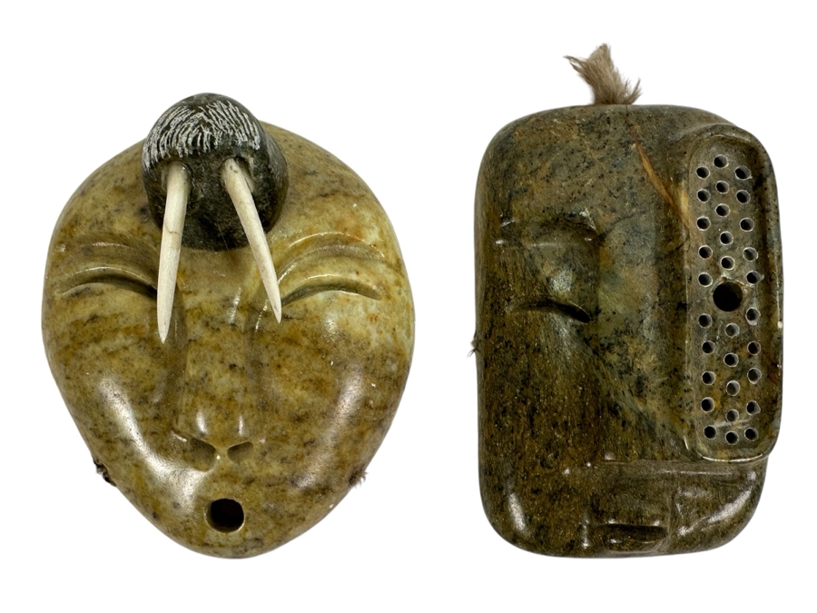 Just Added - Pair Of Inuit Eskimo Carved Soapstone Sculptures Signed Norman 3.5L [Photo 1]