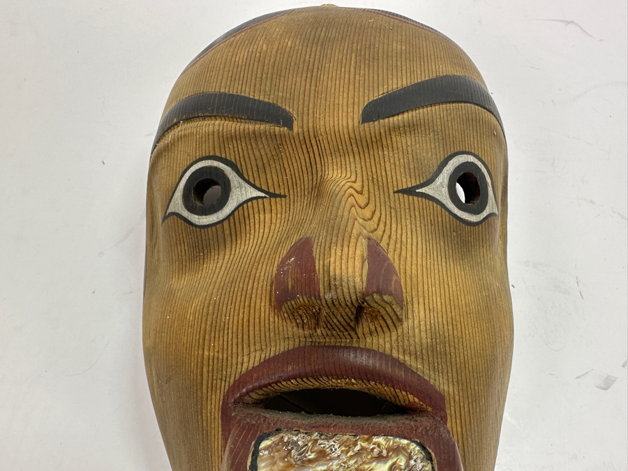 Just Added - Pacific Northwest Coast Tlingit Haida Female Portrait Mask Carved Cedar With Abalone Lip Labret 7W X 10H X 5D [Photo 4]
