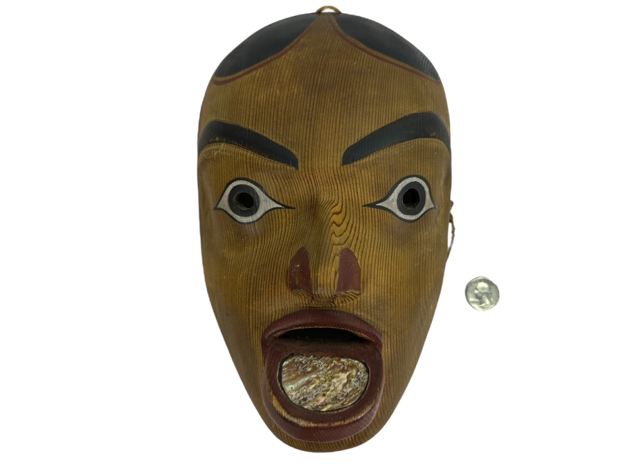Just Added - Pacific Northwest Coast Tlingit Haida Female Portrait Mask Carved Cedar With Abalone Lip Labret 7W X 10H X 5D [Photo 1]