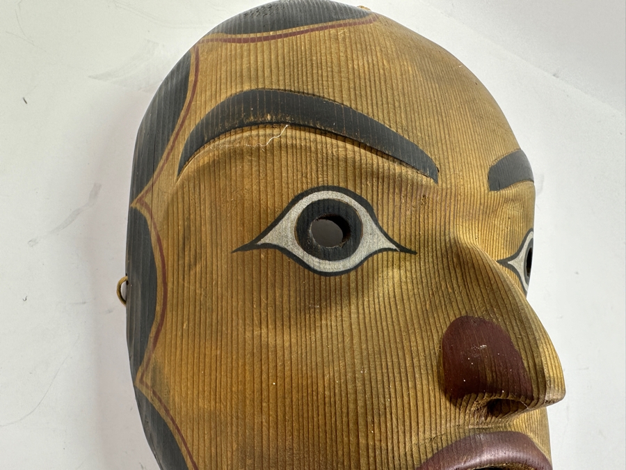 Just Added - Pacific Northwest Coast Tlingit Haida Female Portrait Mask Carved Cedar With Abalone Lip Labret 7W X 10H X 5D [Photo 6]