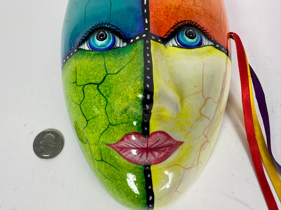 Colorful Hand-Painted Ceramic Mask Signed F. Amar Mexico 9'H [Photo 2]
