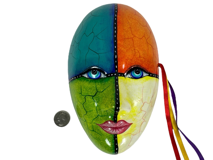 Colorful Hand-Painted Ceramic Mask Signed F. Amar Mexico 9'H