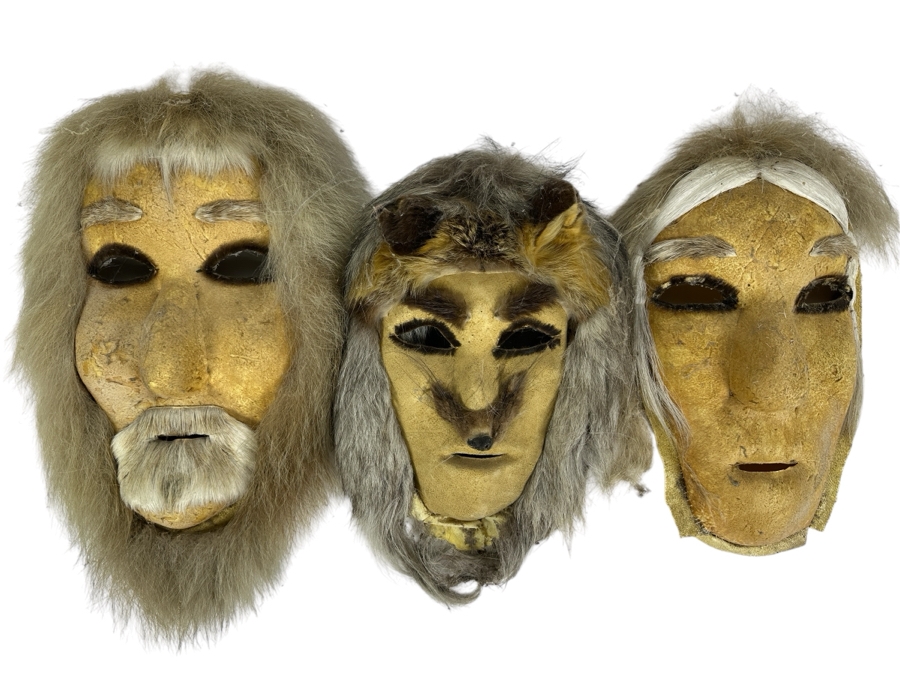 Just Added - Alaska (Anaktuvuk) Inuit Masks With Caribou Hide Two Men & Wolf Mask In Middle - 3 Masks