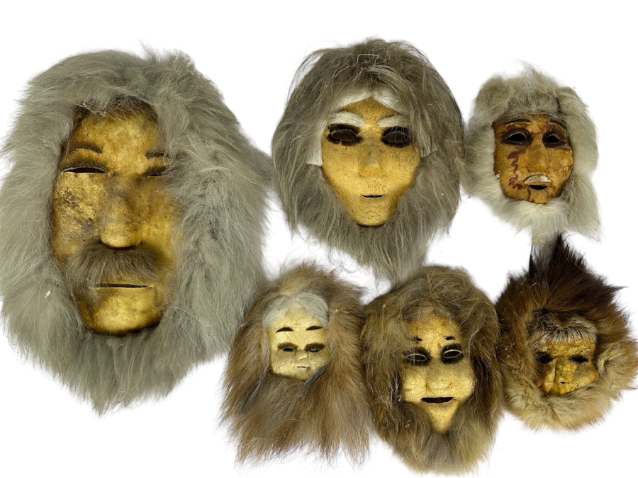 Just Added - Alaska (Anaktuvuk) Inuit Masks With Caribou Hide Men, Women & Children - 6 Masks