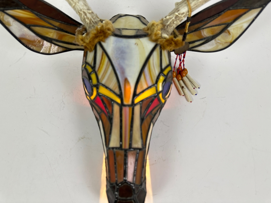 Stained Glass Deer Lamp with Real Antlers And Skull 16'W x 12'H x 13'D [Photo 4]