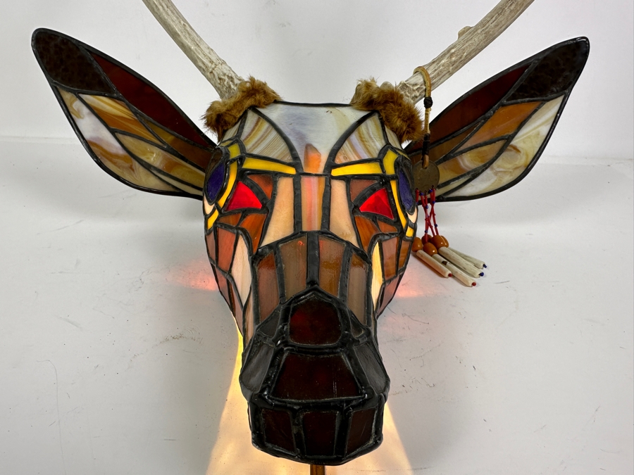Stained Glass Deer Lamp with Real Antlers And Skull 16'W x 12'H x 13'D [Photo 11]