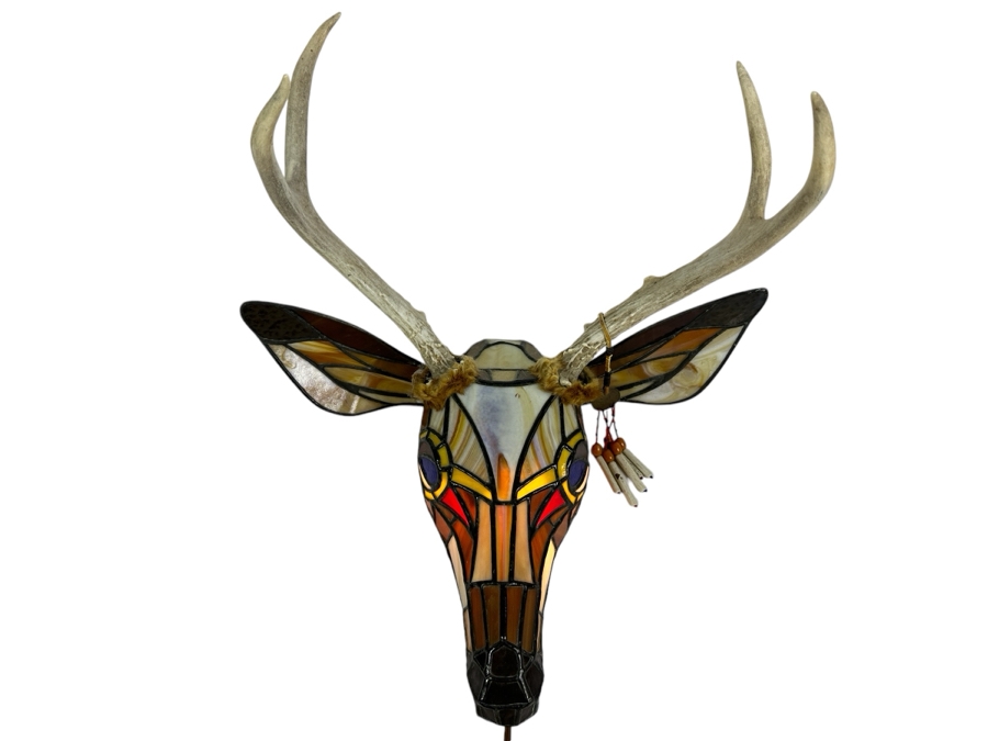 Stained Glass Deer Lamp with Real Antlers And Skull 16'W x 12'H x 13'D [Photo 2]