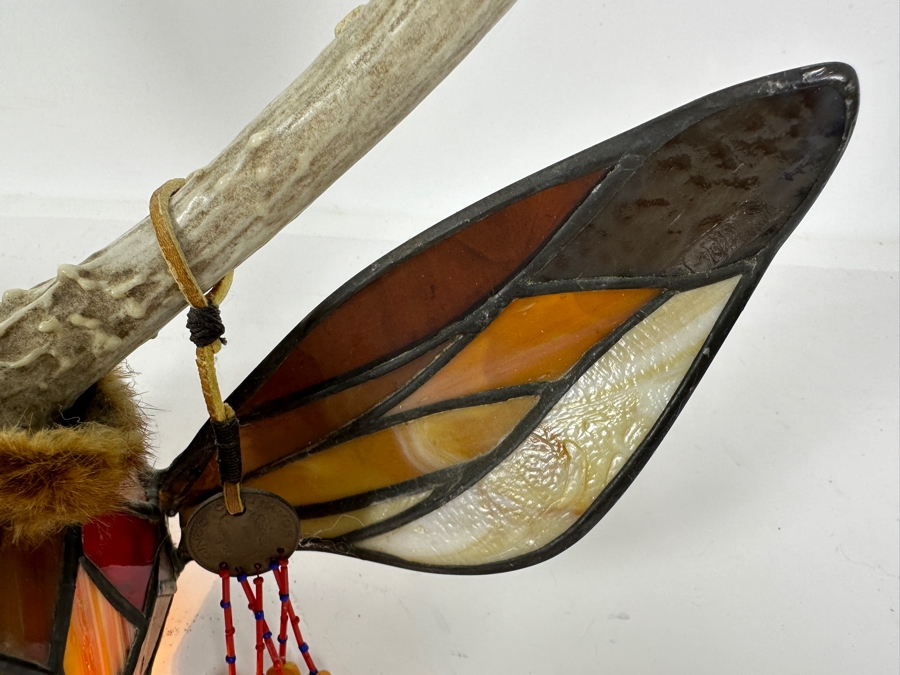 Stained Glass Deer Lamp with Real Antlers And Skull 16'W x 12'H x 13'D [Photo 9]