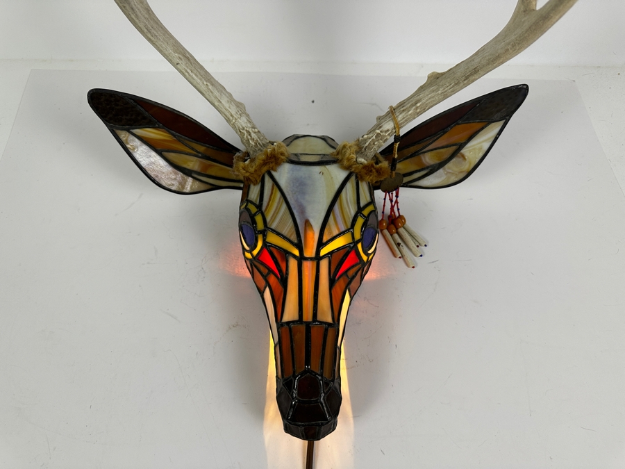 Stained Glass Deer Lamp with Real Antlers And Skull 16'W x 12'H x 13'D [Photo 3]