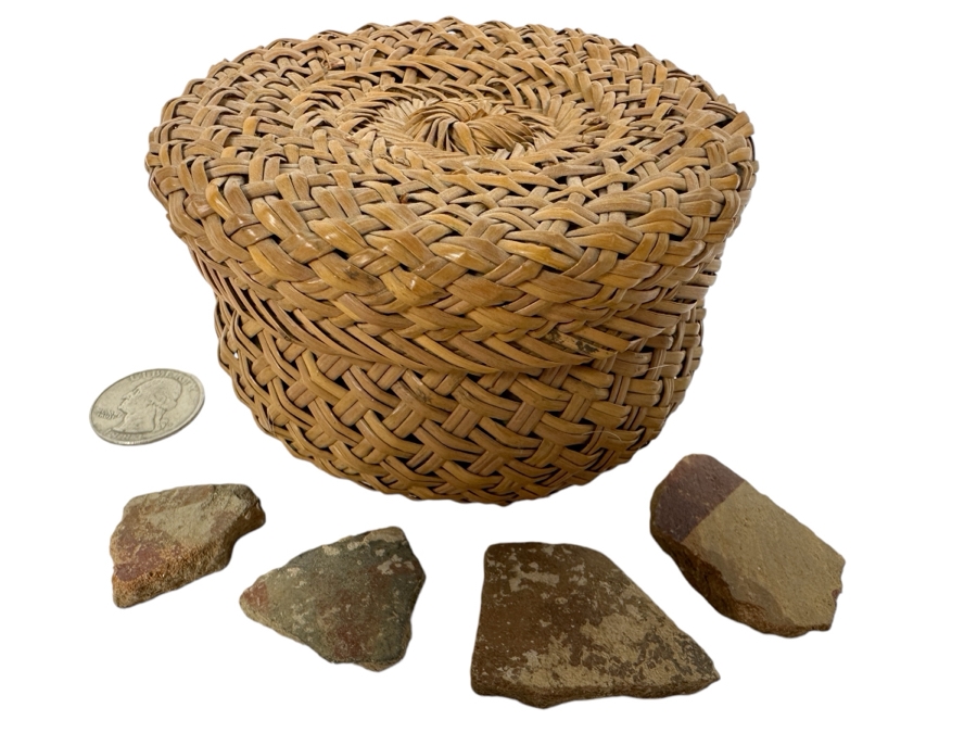 Just Added - Tarahumara Indian Basket With Lid 4W X 2.5H With Pottery Shards