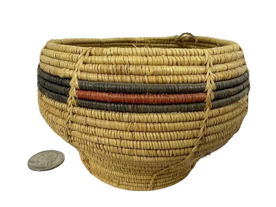 Hand-woven Chumash Basket From Reed and Raffia By Jose Castillo Huichol Indian 4.75'W x 3'H [Photo 1]