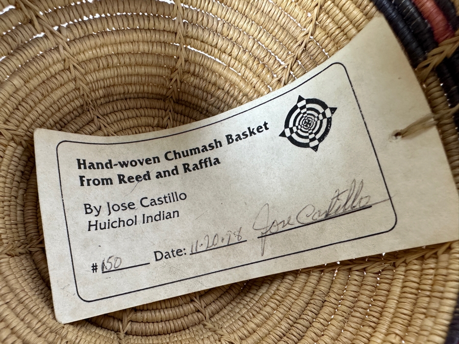 Hand-woven Chumash Basket From Reed and Raffia By Jose Castillo Huichol Indian 4.75'W x 3'H [Photo 3]