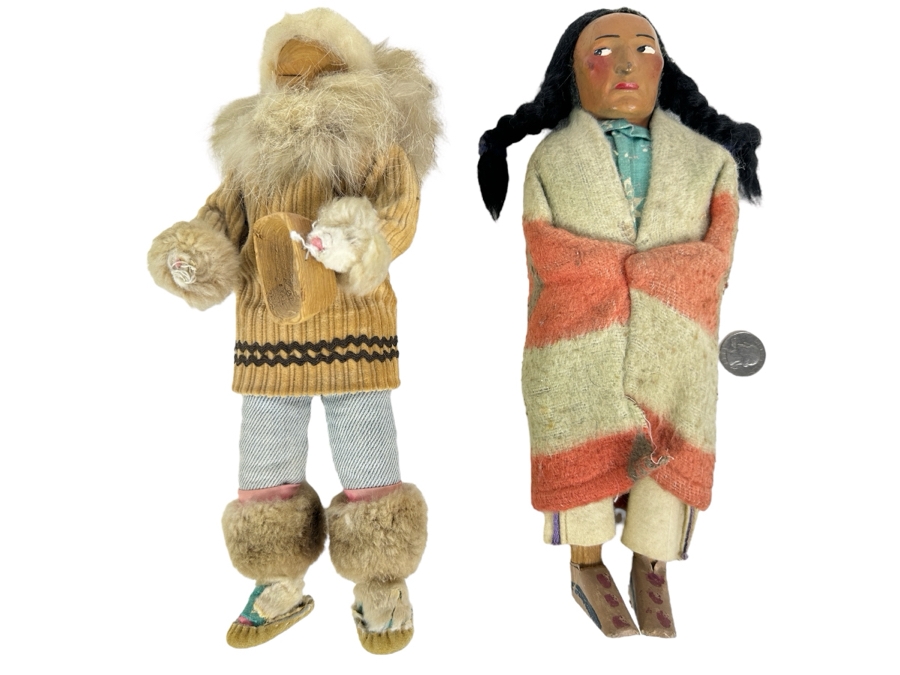 1940's Handmade Eskimo Doll and Skookum (Bully Good) Indian Doll 12'