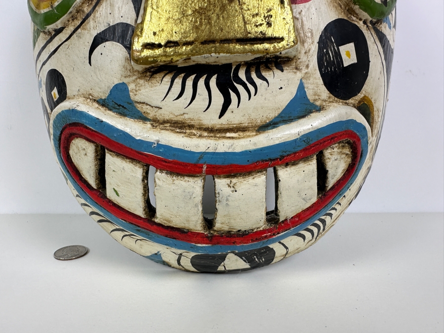 Just Added - Old Hand Carved Wooden Polychrome Indonesian Mask With Monkey On Top 11W X 20L X 5D [Photo 6]