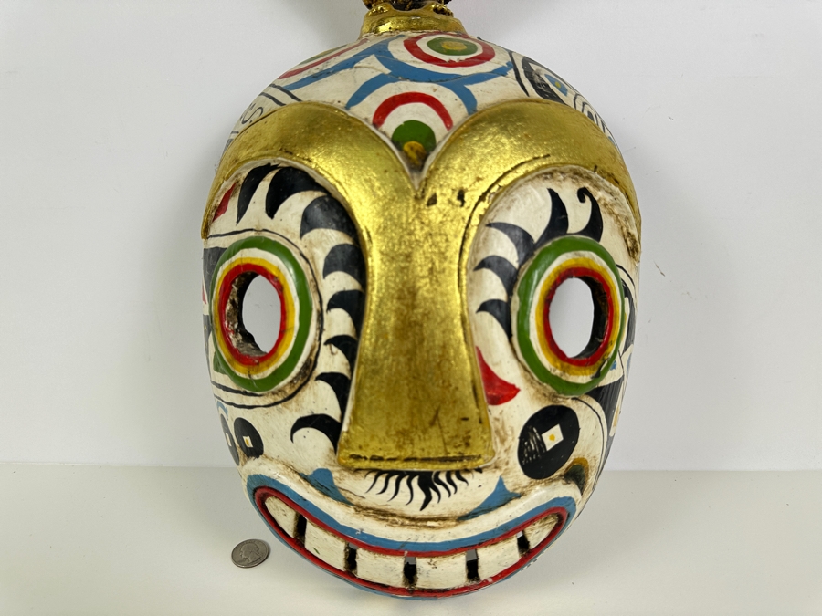Just Added - Old Hand Carved Wooden Polychrome Indonesian Mask With Monkey On Top 11W X 20L X 5D [Photo 2]